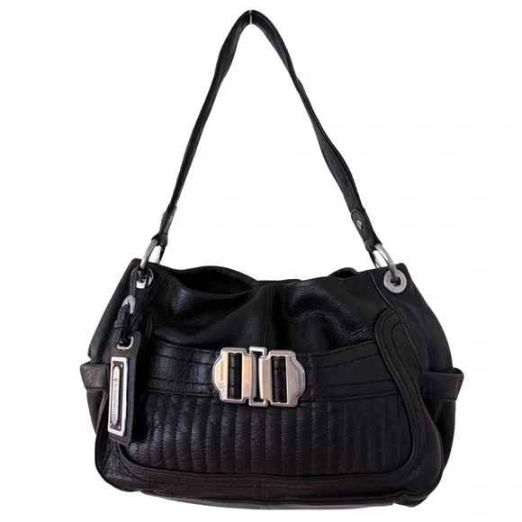 Y2K B. Makowsky Black Leather Silver Buckle Tote Shoulder Bag - Picture 1 of 7